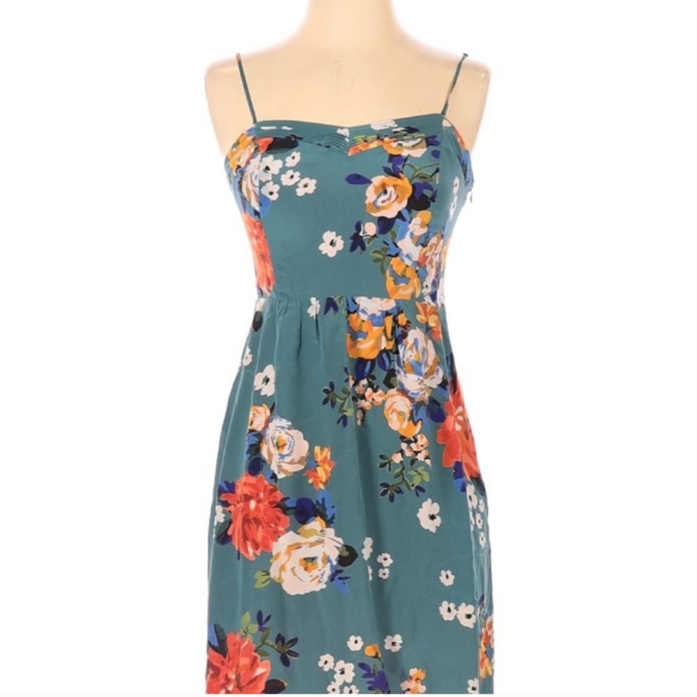 Moulinette Soeurs Vintage Anthro Verdant Garden Floral Silk Slip Dress Teal Sz 0